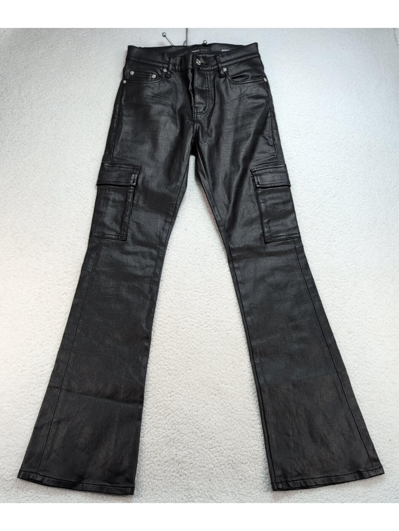 Purple Brand Men’s 29x34 Black Coated Cargo Flare Pants Leather Look